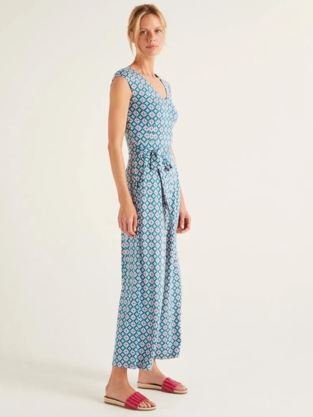 Boden V-Neck Wide-Leg Jersey Jumpsuit in Teal & Pink Print - Size 16/18R - Picture 3 of 15